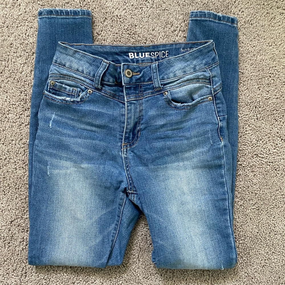 Blue Spice Buttlifter Blue Skinny Jeans Women's/ Juniors Size 1 Minor Distressed